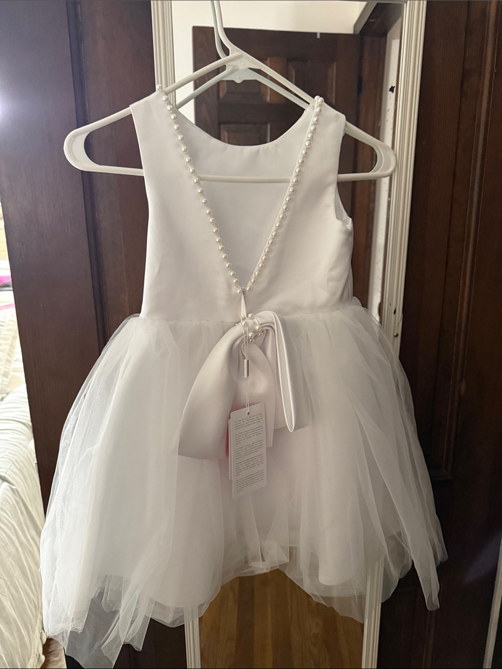JJs House White Tulle Flower Girl Dress with Pearl Back and Bow